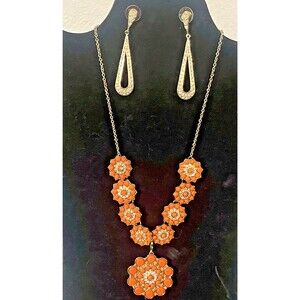 Peach Floral Rhinestone Necklace Gold Crystal Teardrop Earrings Statement Set